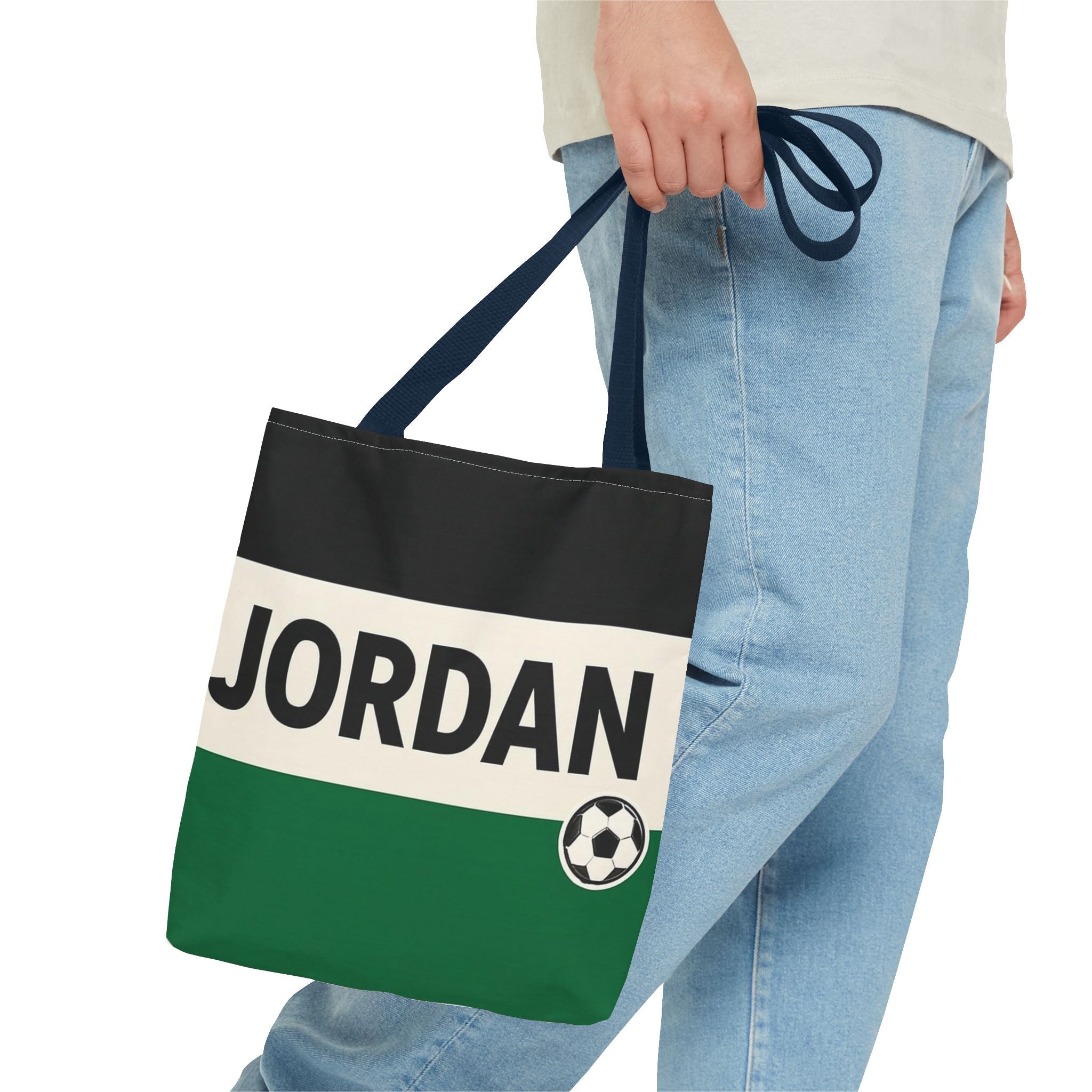 Jordan Soccer Stripes Tote Bag | Green Black Cream Football Design
