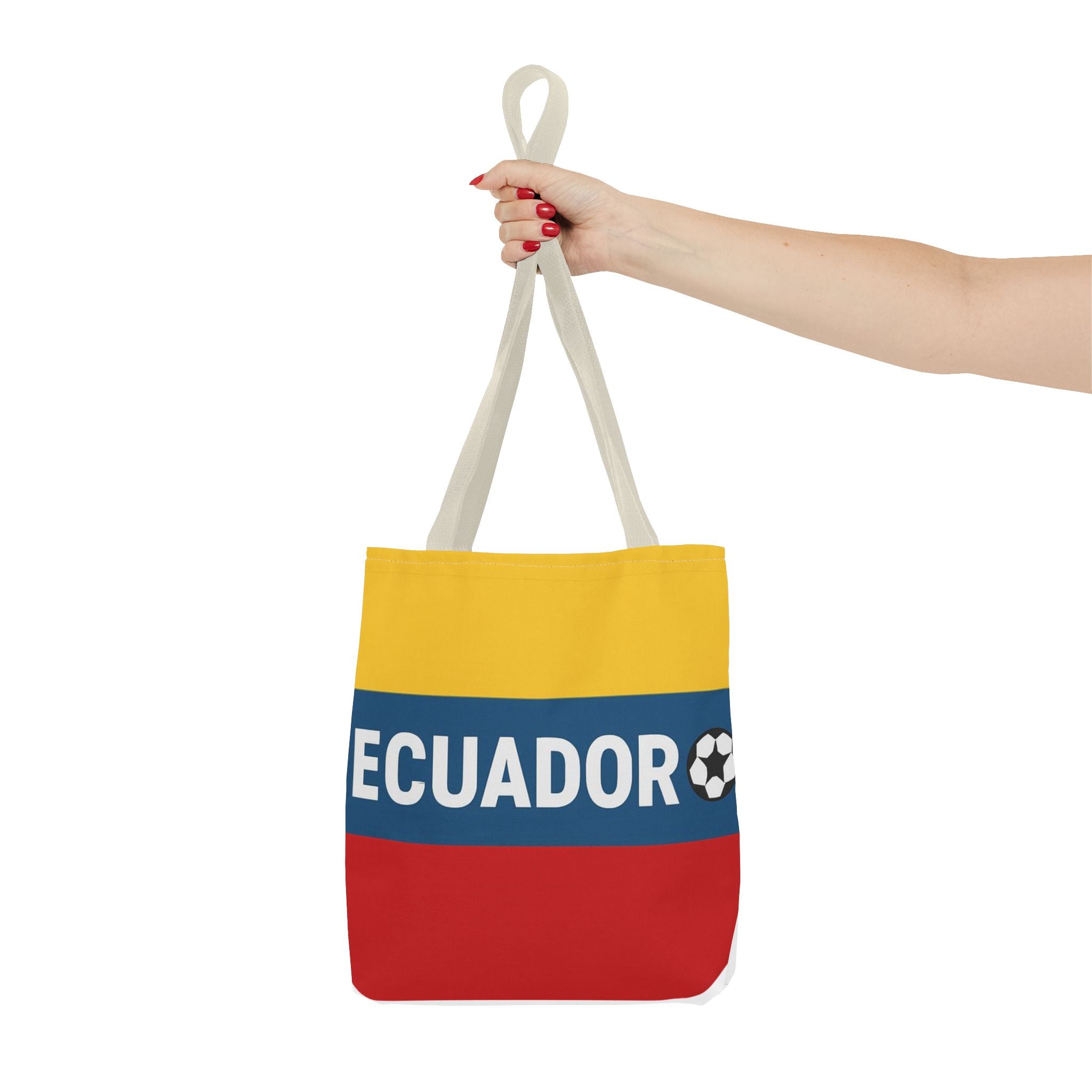 Ecuador Flag Stripe Tote Bag | Ecuadorian Soccer Text Design