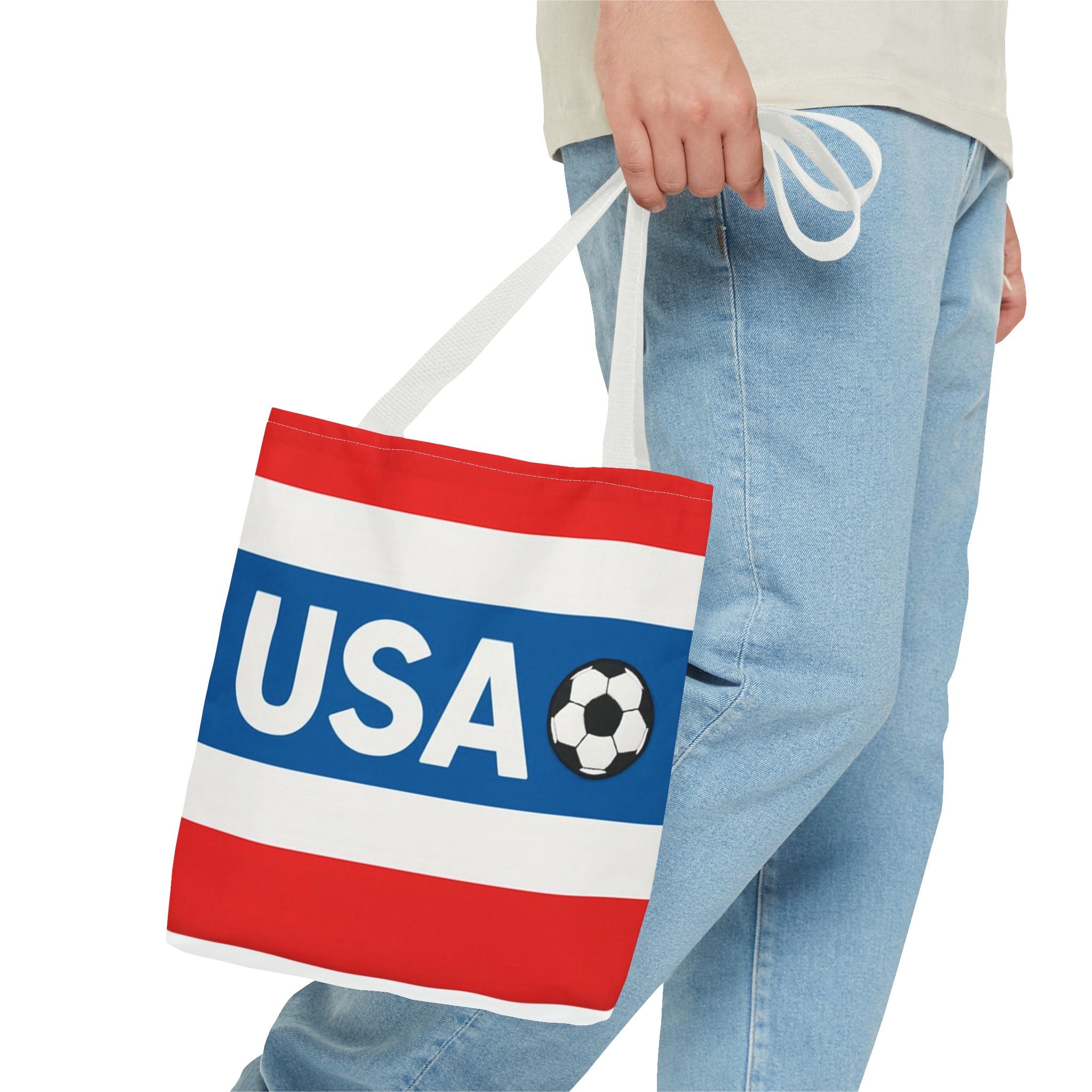 USA Soccer Stripe Tote Bag | Red White Blue Soccer Ball Design