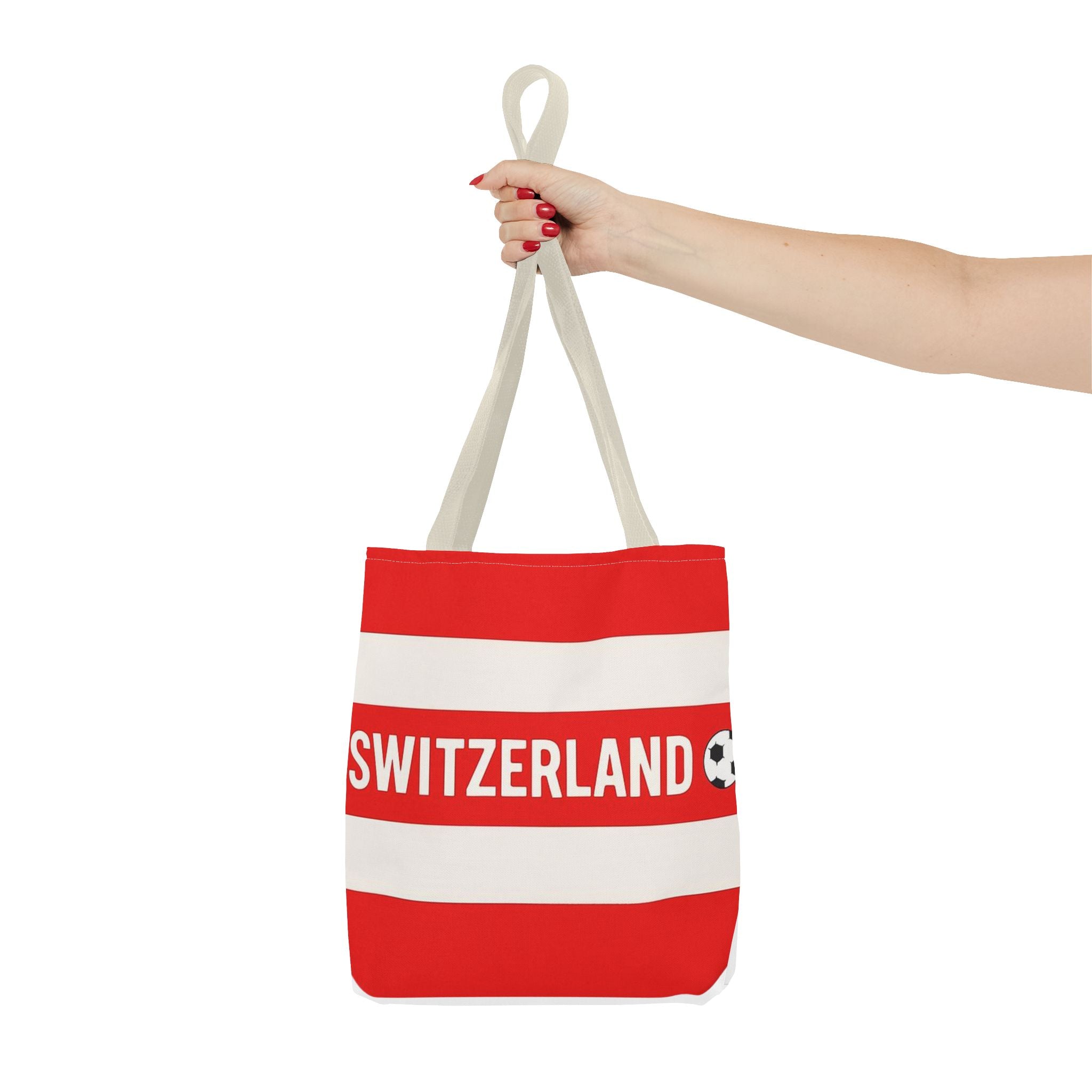 Switzerland Striped Football Logo Tote Bag | Red White Soccer Theme