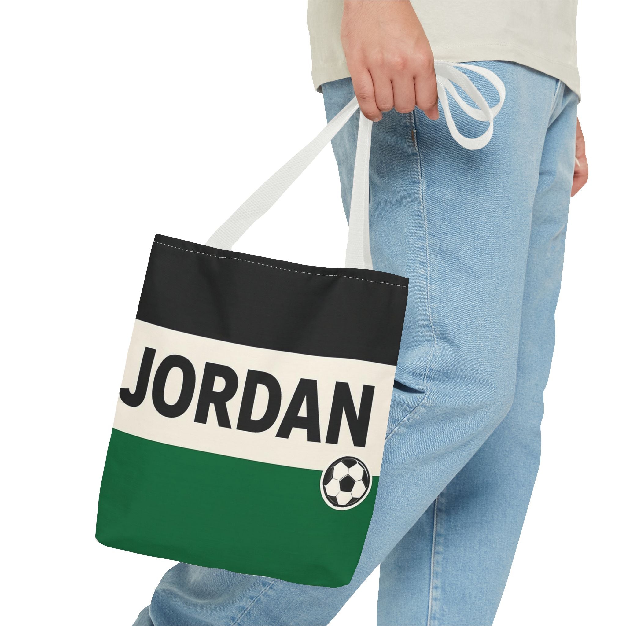 Jordan Soccer Stripes Tote Bag | Green Black Cream Football Design